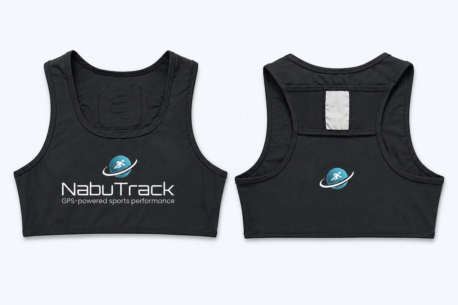 Brassières GPS NabuTrack, vues de face et de dos ; illustration retouchée à partir des photos fournies